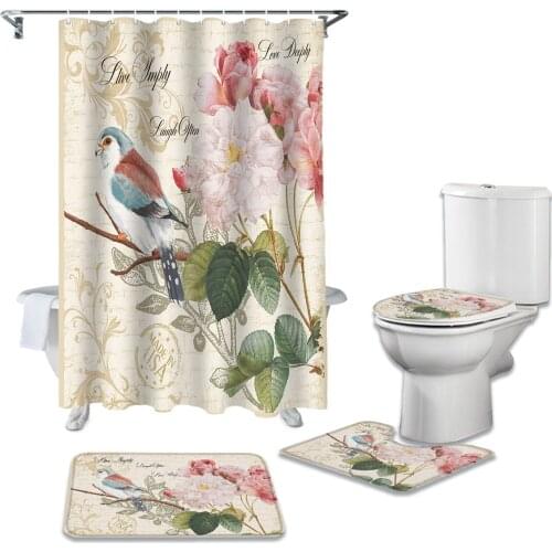 Vintage Letter Bird Rose Flower Retro Shower Curtain Carpet Cover Toilet Cover Bath Mat Pad Set Bathroom Curtain Home Decor