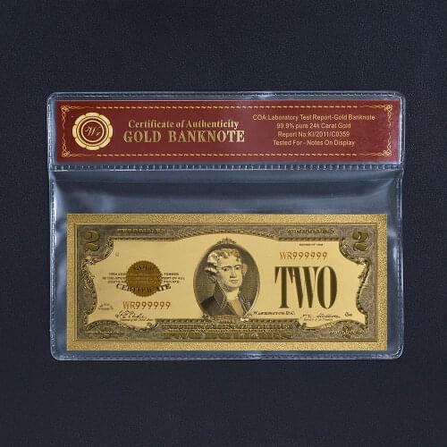 WR Fake Money USA 100 Dollars Gold Foil Banknote with Coa Frame America 2 USD Colorful Banknote Prop Money Creative Gift