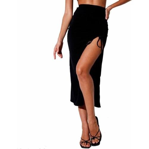 High-waisted Side Slit Womens Skirts Sexy Drawstring Female Black Long Skirt Summer Elastic Casual Ladies Bottoms
