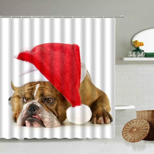 Fun Cat Dog Shower Curtain Merry Christmas Animal Pet Theme With Hook Waterproof Screen Washable Home Wall Decor Holiday Gift