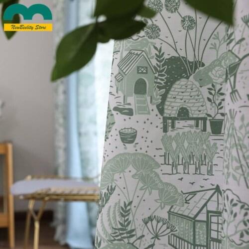 British Style Curtain Tulle Green Pattern Printing Living Room Bedroom Balcony Semi-blackout Curtain