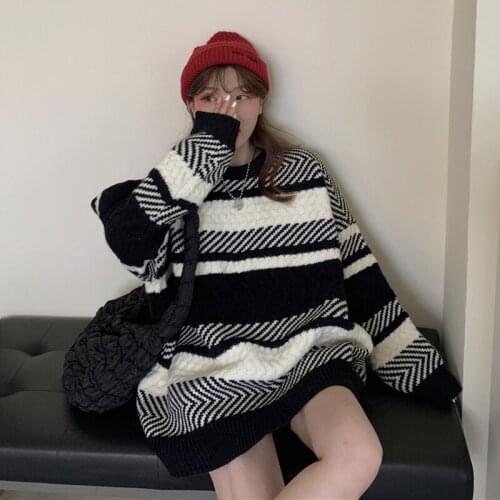 2021 Spring Autumn New Sweater Womens Korean Loose Medium Length Pullover Women Black And White Striped Long Sleeve Jumpers