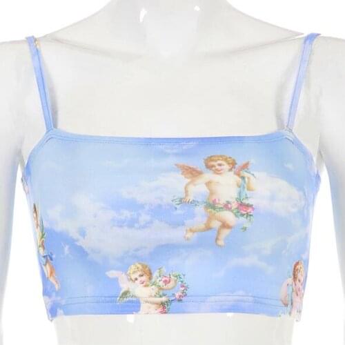 2021 New Fashion Women camisole Sling Top Vest Sleeveless Cold Shoulder The Angel Of Cupid Print Short Camis Female Summer Top