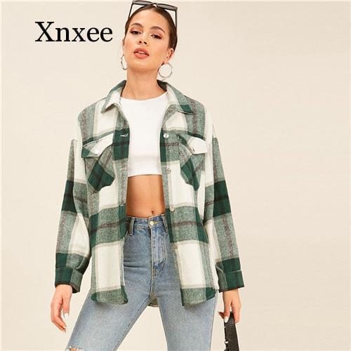 Multicolor Collared Drop Shoulder Flap Pocket Front Plaid Coat Women Autumn Long Sleeve Coat Outwear Casual Jackets