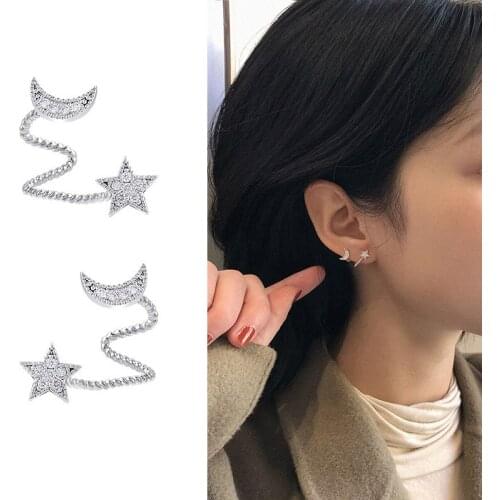 100% Real 925 Sterling Silver Star Moon Spiral Stud Earrings Pierced Cartilage Cuff Earrings for Women Girls