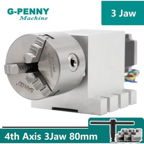 3 Jaw 80mm CNC 4th Axis CNC dividing head/Rotation Axis/A axis kit Nema23 Gapless harmonic gearbox for CNC woodworking machine