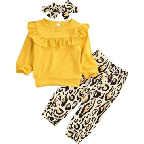 Toddler Kids Baby Girl Ruffles Sweatshirt Tops+ Leopard Pants +Headband 3pcs Outfits Clothes Size 0-24M