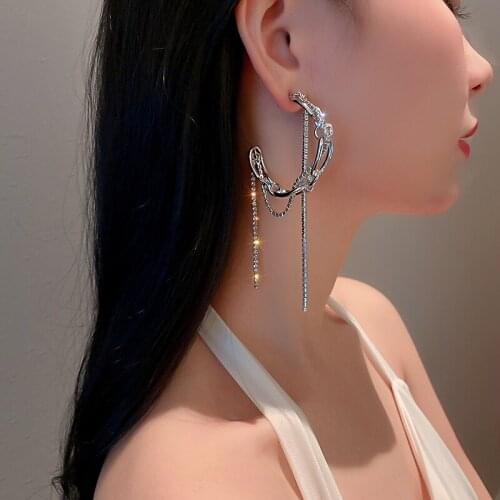 Exaggerated Big Circle Hoop Earrings for Women Shining Rhinestone Line Long Tassel C-shaped Piercing Earrings Party Jewelry