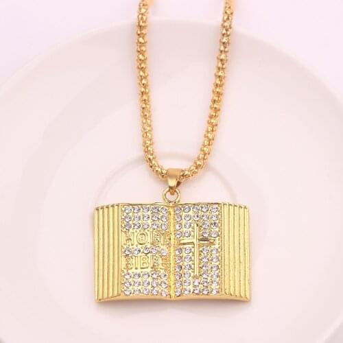 Hip Hop Religion Jesus Cross Holy Bible Necklaces for Men Gold Christian Biblia Cross Pendant Necklace Jewelry