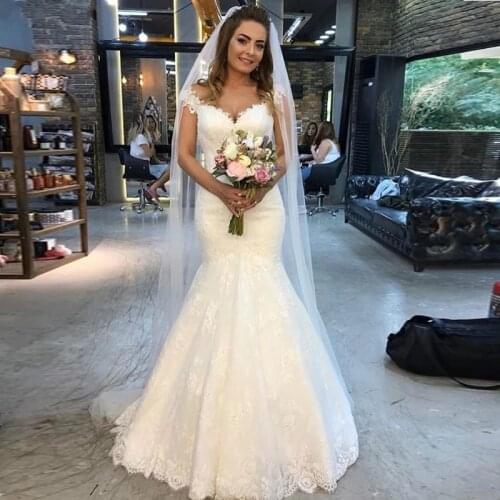 Elegant Ivory Lace Mermaid Wedding Dress Sweep Train Plus Size Off Shoulder Formal Bride Dress Long Wedding Gowns 2021 Vestidos
