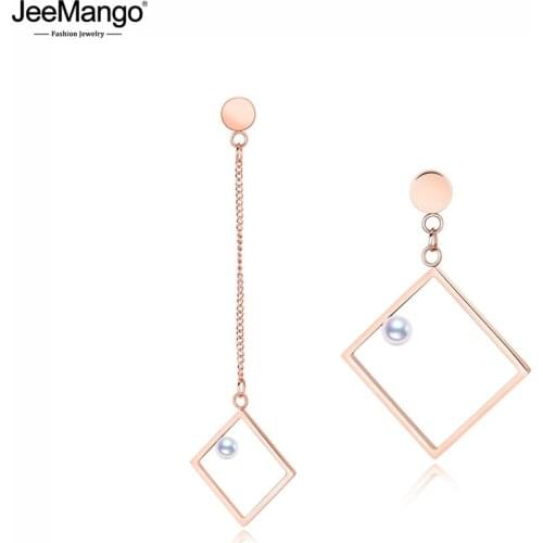 JeeMango Trendy Geometric Asymmetry Drop Earrings Titanium Stainless Steel Imitation Pearl Dangle Earring Jewelry Серьги JE17096