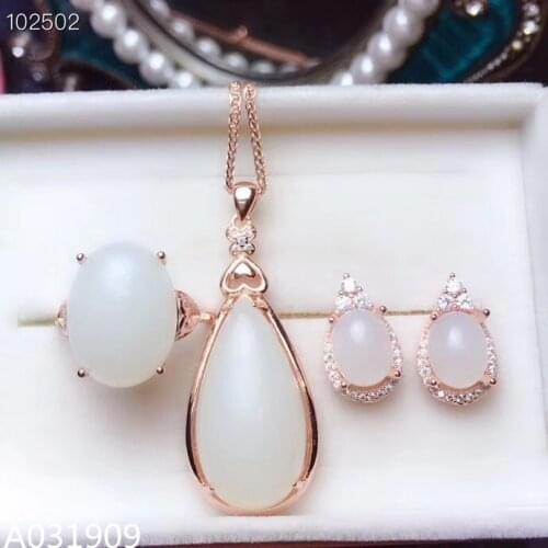 KJJEAXCMY boutique jewelry 925 sterling silver inlaid Natural White jade Necklace Ring Earring Set Support detection popular