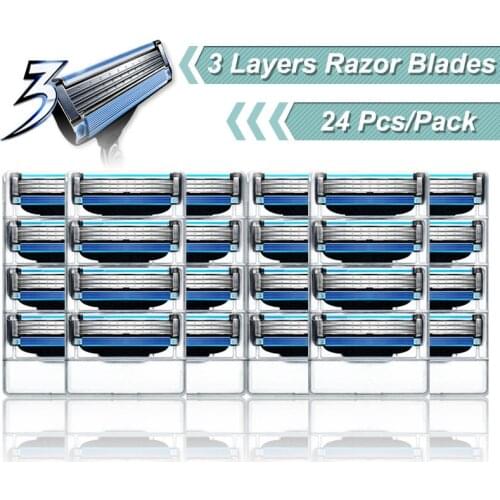 Men 3 Layer Shaving Straight Razor Blades For Gillette Mach 3 Turbo Sensitive Handle Safety Razor Replaceable Heads 24pcs/pack