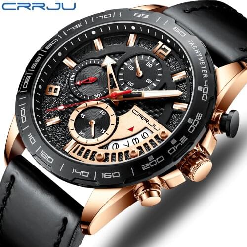Mens Leather Strap Watch CRRJU Fashion Mens Watches Luxury Business Luminous Waterproof Quartz Watch Men Relogio Masculino