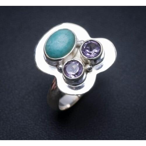 Natural Amazonite and Amethyst Handmade Indian 925 Sterling Silver Ring, US Size 8.75 S2897