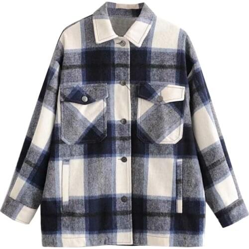 Vintage Stylish Pockets Oversized Plaid Jacket Coat Women 2021 Fashion Lapel Collar Long Sleeve Loose Outerwear Chic Tops