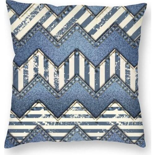 Simple Jeans Chevron Stripes Pattern Square Throw Pillow Cover Decor Print Denim Texture Patchwork Cushion Cover for Living Room