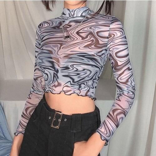 SEASONS Aesthetics Tie Dye Transparents Ruffles Hems Mesh Tops Turtleneck Butterfly Sleeve See Though Blue Crop Tops ASTS81366