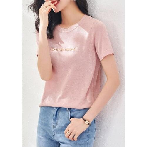 High-end short-sleeved ice silk sweater womens summer new style bottoming shirt thin small fragrant wind blouse spring