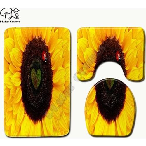 Sunflower pattern funny 3D printed Bathroom Pedestal Rug Lid Toilet Cover Bath Mat Set drop shipping style-3