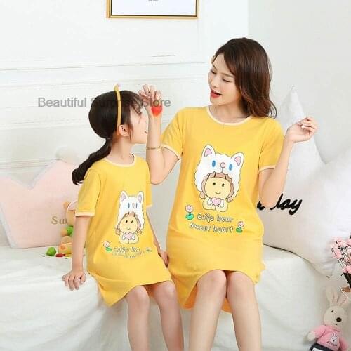 Yellow Nightgown Soft Cotton Dress Cartoon Cute Summer Adult and Children Homewear Clothes Comfortable Casual Pajamas Dress