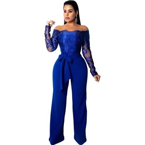 Women Sexy Lace One Word Collar Middle Waist Long Sleeve Long Pants With Belt Night Club Jumpsuit 2019 Autumn