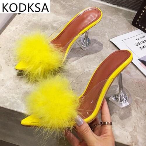 2021 New Summer Woman Pumps PVC Transparent Feather Perspex Crystal High Heels Fur Peep Toe Mules Slippers Ladies Slides Shoes