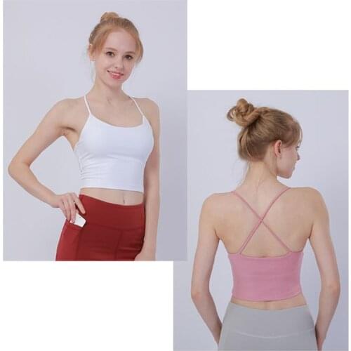 Women Spaghetti Strap Sport Bralette Strappy Crossback Workout Gym Crop Top Solid Color Wireless Quick Dry Camisole