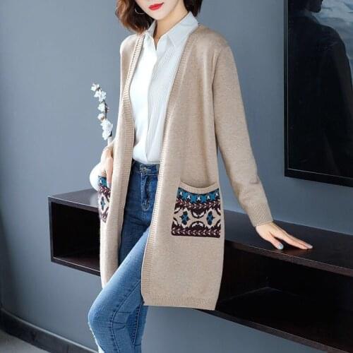 Plus size Women Vintage Knit Cardigan Loose Embroidered With Pocket Long Sweater Outwear Casual Knitted Open stitch Pull Femme