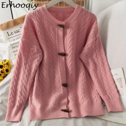 New 2021 Autumn Winter Knitted Sweater Cardigan Women Fashion Loose Solid Color Cardigans Female O-Neck All-Match Knit Coat Pink