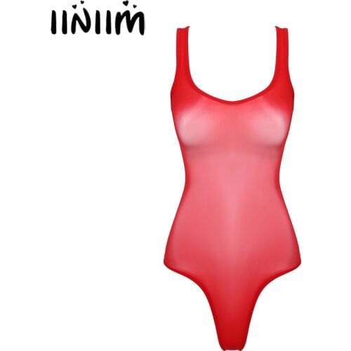 Iiniim Womens Femme Cover Transparent Lingerie Bodysuit Bodystocking Glossy Scoop Neck Sleeveless See-through Teddies Bodycon
