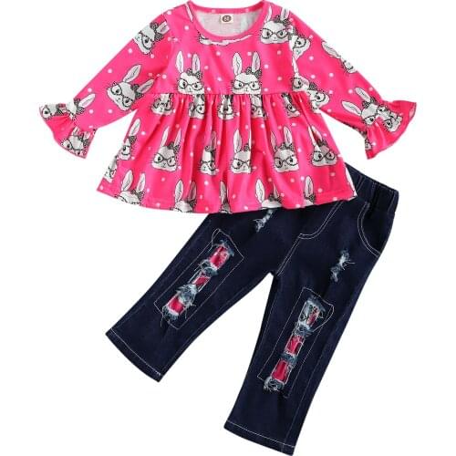 2 Pieces Kids Girls Clothes Set Cartoon Pattern Print Round Neck Long Sleeve Tops+ Ripped Jeans for Summer Fall 1-6 Years