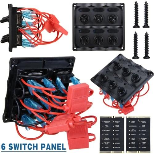 DC 12V-24V 6 Gang Power Outlet Switch 15A LED Waterproof Toggle Switch Panel with Label Stickers for Car Boat Marine