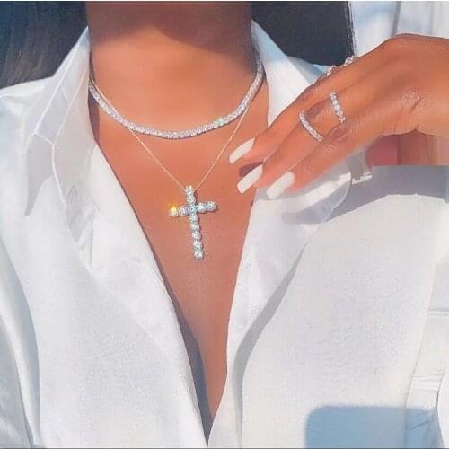 Hip hop bling clear cubic zirconia 5mm cz large big cross charm tennis chain pendant necklace for women fashion party jewelry