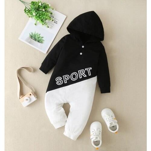 Cotton Baby Girl Clothes Winter Autumn Letter Print Contrast Long Sleeve Hooded Baby Romper Casual Home Baby Boy Clothes 0-12M