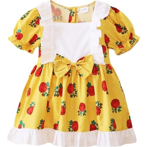 Kids Girl Dress Summer 1-6Y Girls Clothes Pretty Flower Printed Toddlers Skirts Short Sleeve Outfits Bow Decor Children Dresses