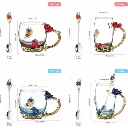 Enamel Flower Tea Cups Coffee Mug Butterfly Rose Water Cups with Spoon Coaster Living Room Coffee Cup Crystal Glass Set Gift