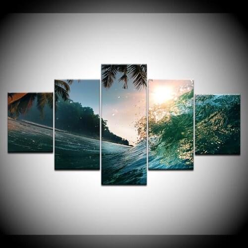 Canvas Pictures Wall Art Home Decor 5 Pieces Sunshine Beach Green Waves Painting HD Prints Seascape Poster Living Room Framework