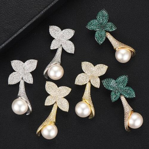 Jimbora Fashion Bohemia Pearl Drop Earrings Full Mirco Paved Cubic Zircon Wedding Earring Luxury Baguette CZ Long Earrings