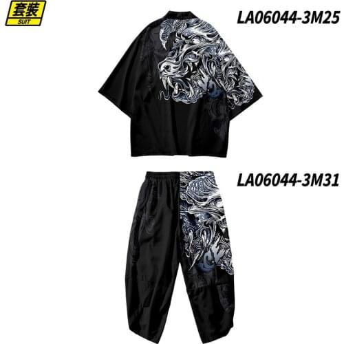 Japanese Men Kimono Black Dragon Print Cardigan And Pant Suit Samurai Costume Clothing Jacket Men Kimono Shirt Yukata Haori
