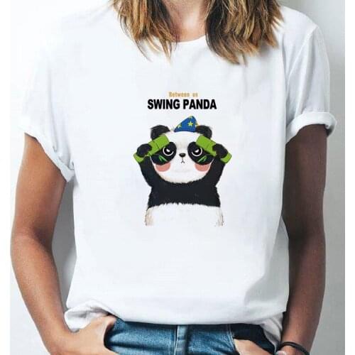 Summer T-shirt Women Between Us Swing Panda Printing Koren Style Kawaii Graphic Cartoon Clothes Lady Tees Tops Female T Shirt
