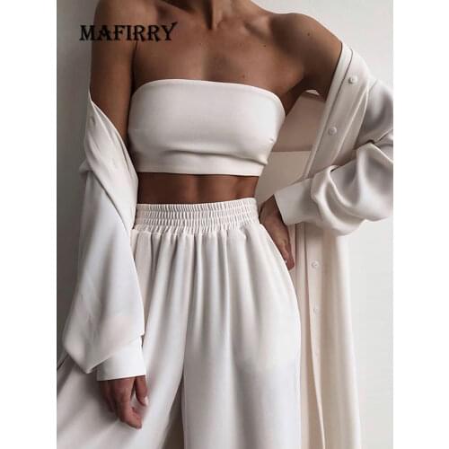 2021 Hot Sell Women Three Piece Sets Homewear Sexy Solid Off Shoulder Slash Neck Female Suit Tops And Wide Leg Pants Sportwear