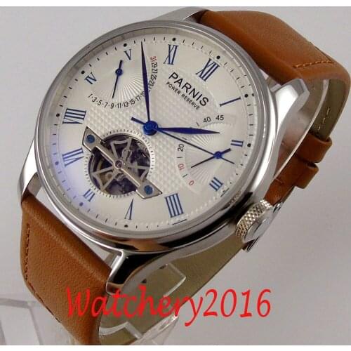 43mm PARNIS white Dial Leather Strap Deployment SS ST 2505 Automatic Power Reserve mens Watch