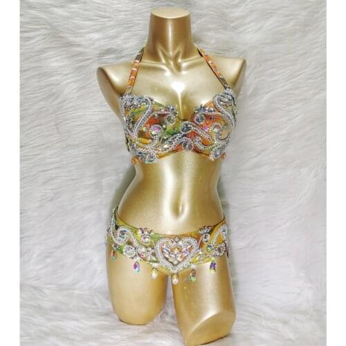 New womens belly dance costume set showgirl belly dancing clothes halloween bellydance Clothes Beaded Top&belt Carnival 2pcs