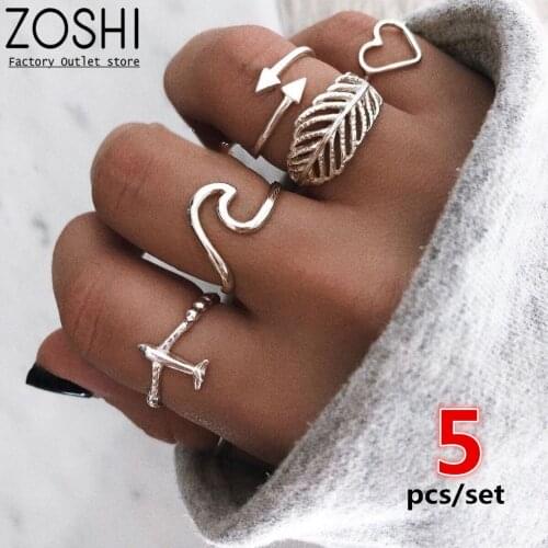Wholesale 5pcs/set Silver Plated Wave Plane Heart Ring Set Jewelry Leaf Opals Rings For Women Mid Finger Ring Knuckle Rings Boho
