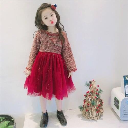 Girls Fall Winter Plus Velvet Dress Baby Kids Tweed Puffy Gauze Sequins Princess Dresses New Year Christmas Dress Clothes P397