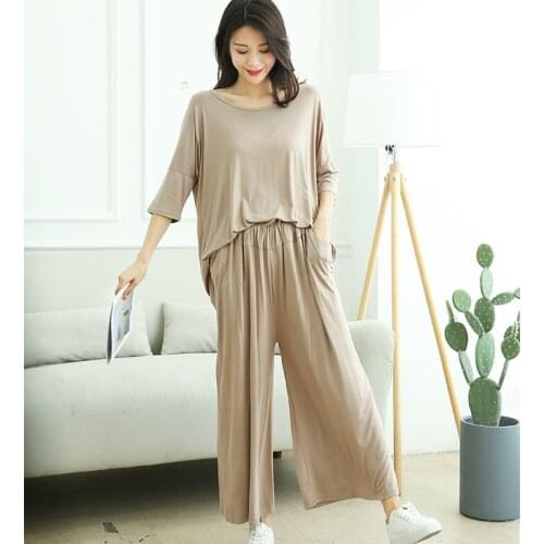 Modal Pajamas Two Piece Sets Women Autumn Cotton Home Wear Female Casual Loose T-shirt + Nine Wide Leg Pants Sleepwear Plus Size