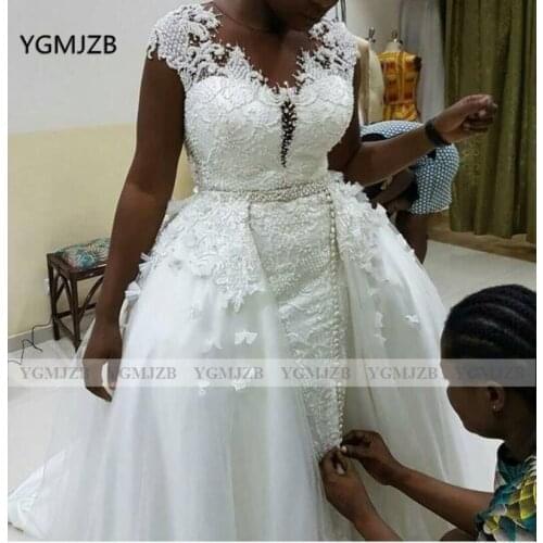 African Mermaid Wedding Dresses for Women Plus Size 2020 Beaded Lace Appliques Detachable Train Bridal Wedding Gown for Bride
