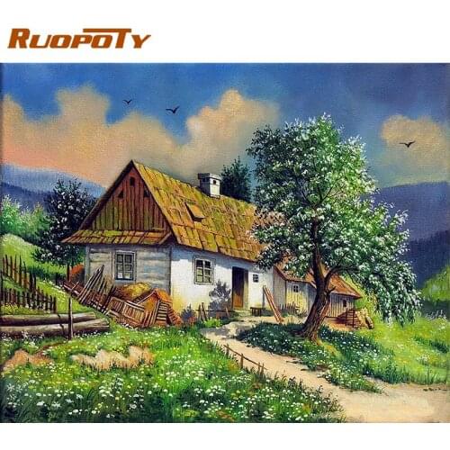 RUOPOTY Frame Diy Painting By Numbers Kits For Adult House Landscape Modern Wall Art Acrylic Canvas By Numbers Diy Home Art Gift