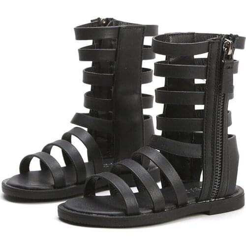 Summer New Girls Sandals Fashion Solid Color Cut-outs Roman Shoes Baby Girl Shoes Princess Flat Mid-top Sandals Black SMG070